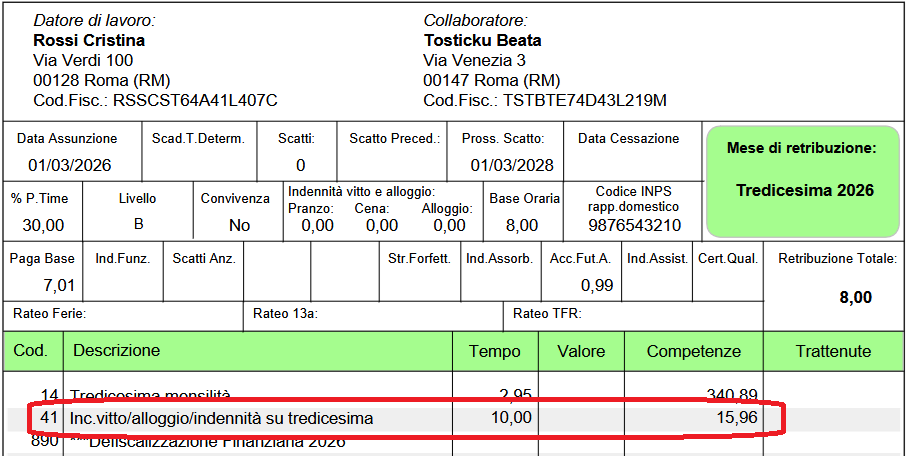 Calcolo incidenza tredicesima vitto colf e badanti non conviventi orario continuato