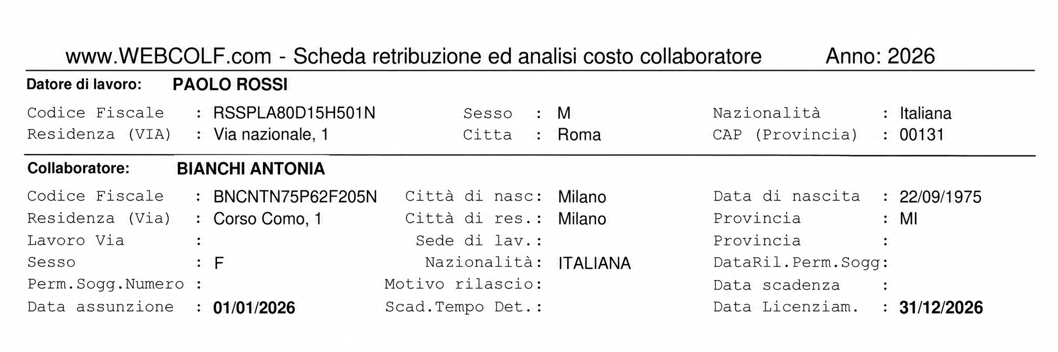 Scheda Webcolf con i dati del datore di lavoro e del collaboratore domestico